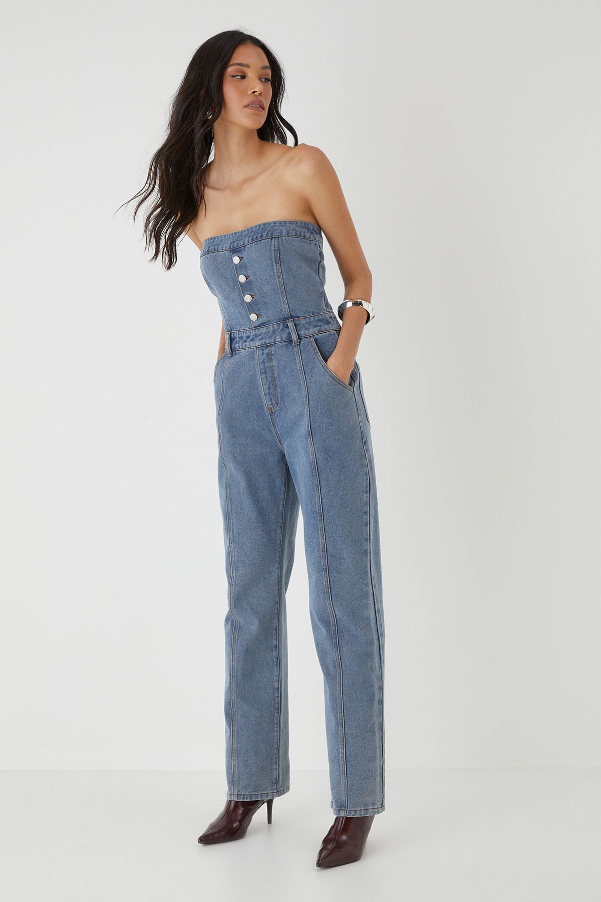 MissPap Bandeau Button Up Denim Jumpsuit Mid Wash image 2