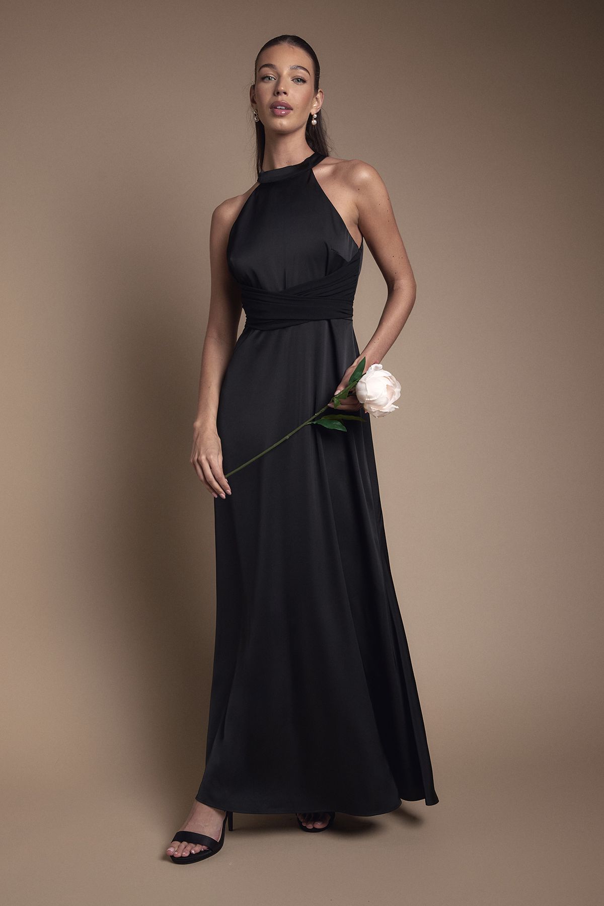 Coast Wrap Waist Detail Satin Halter Neck Bridesmaid Dress Black image 1