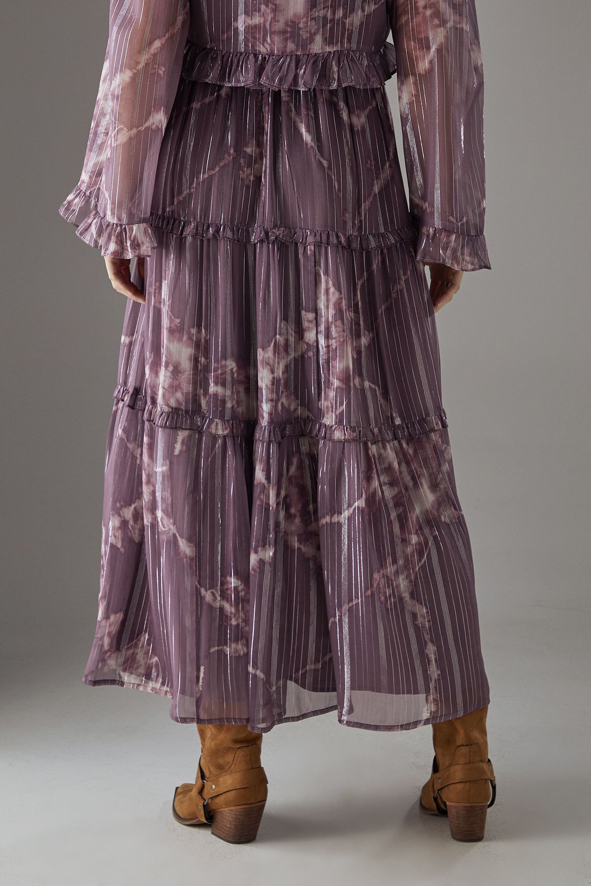 Warehouse Metallic Chiffon Tier Maxi Skirt Mauve image 4