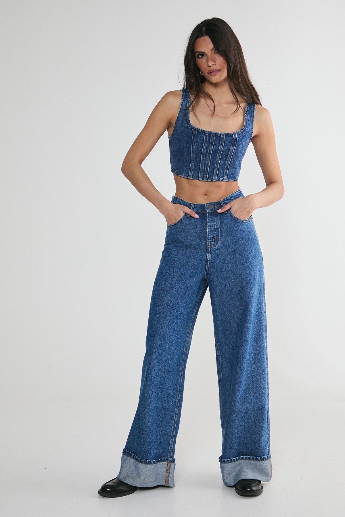 NastyGal Lace Back Detail Denim Corset Top Authentic Midwash image 3
