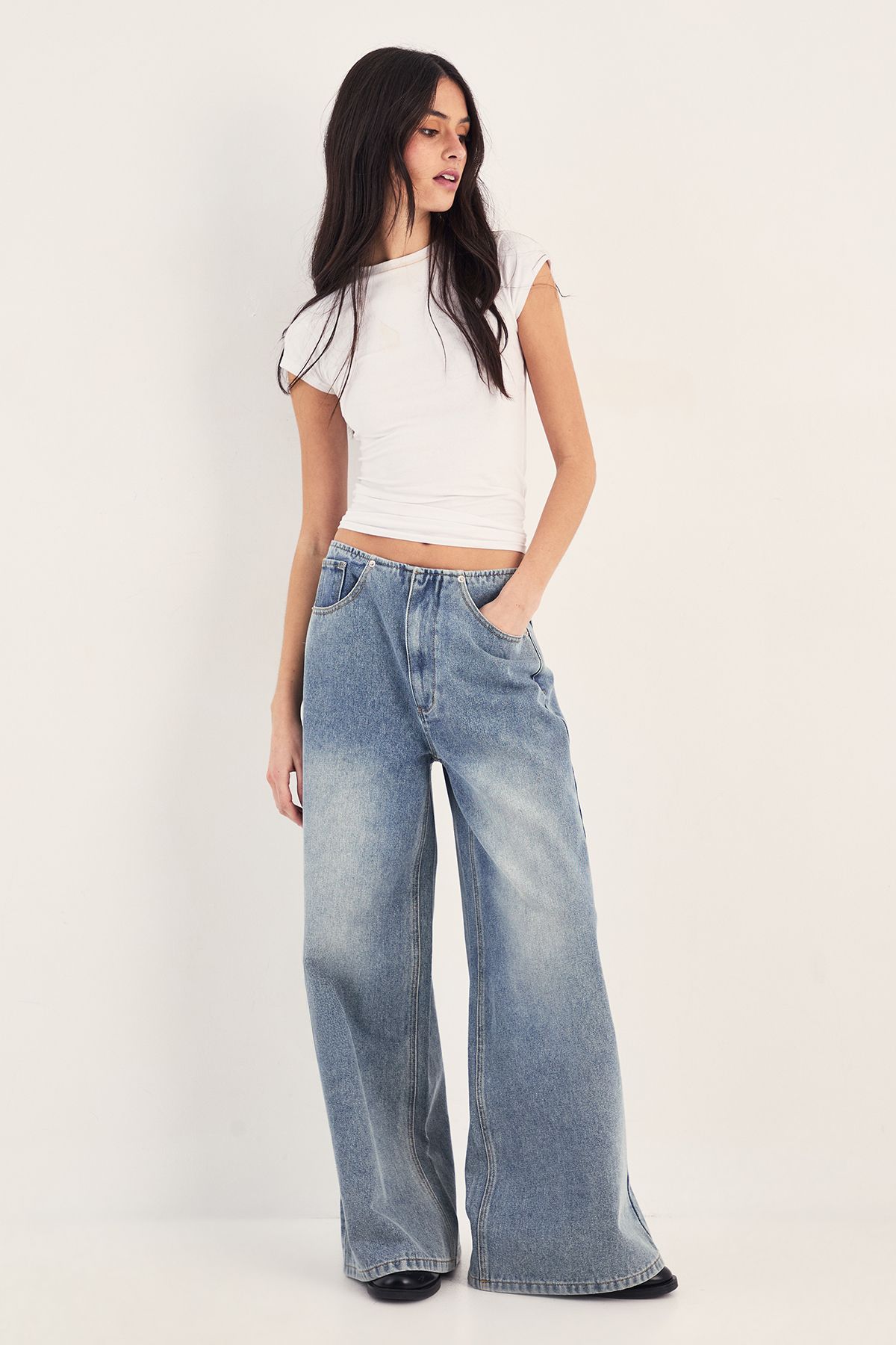 NastyGal Baggy Low Waist Jeans Vintage Wash image 1