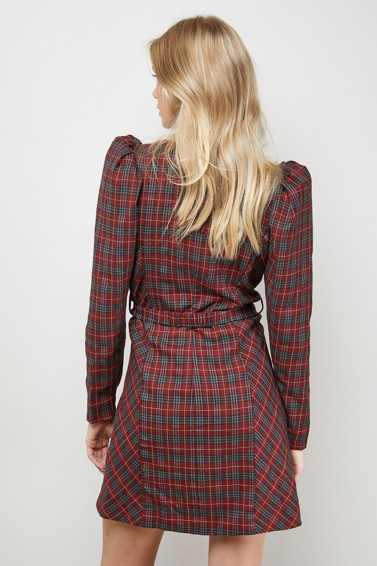 Oasis Checked Belted Crew Neck Mini Dress Burgundy image 3
