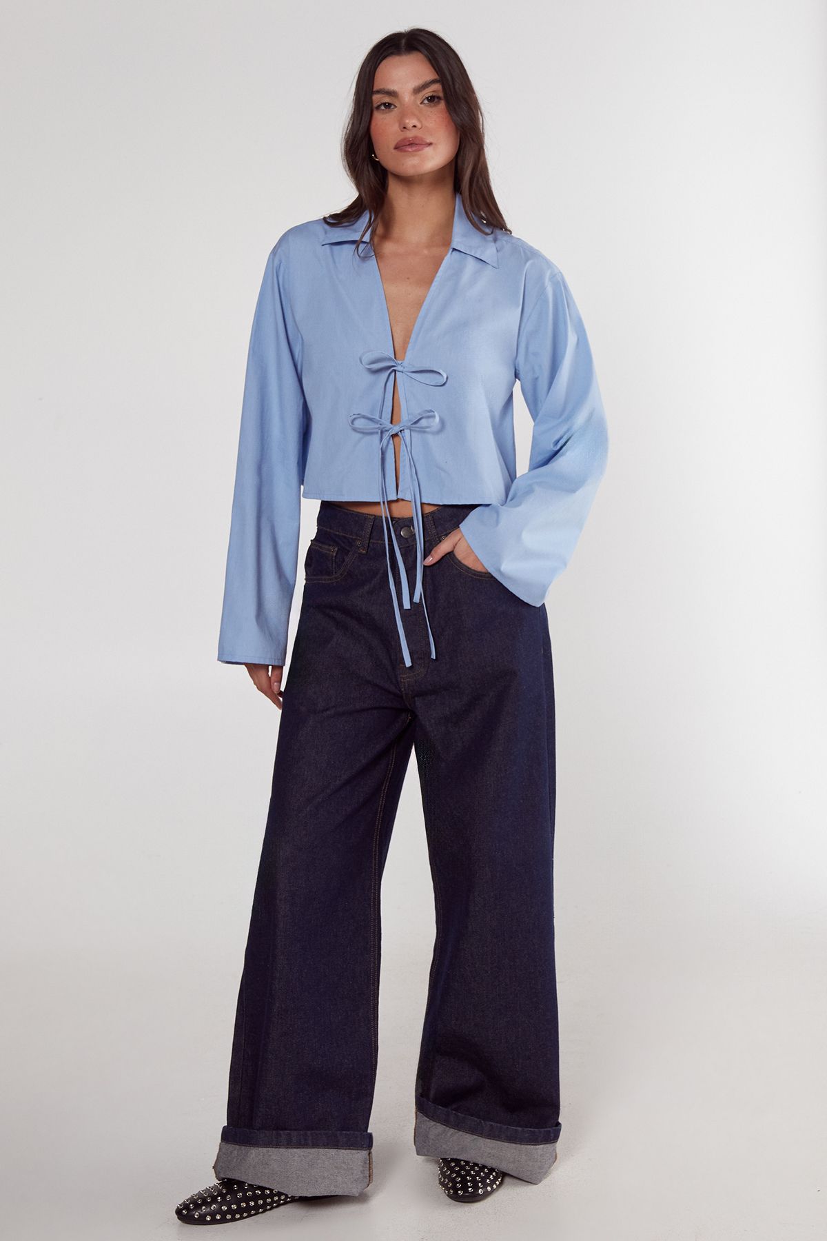 NastyGal Cotton Tie Front Collared Wide Cuff Shirt Blue image 2