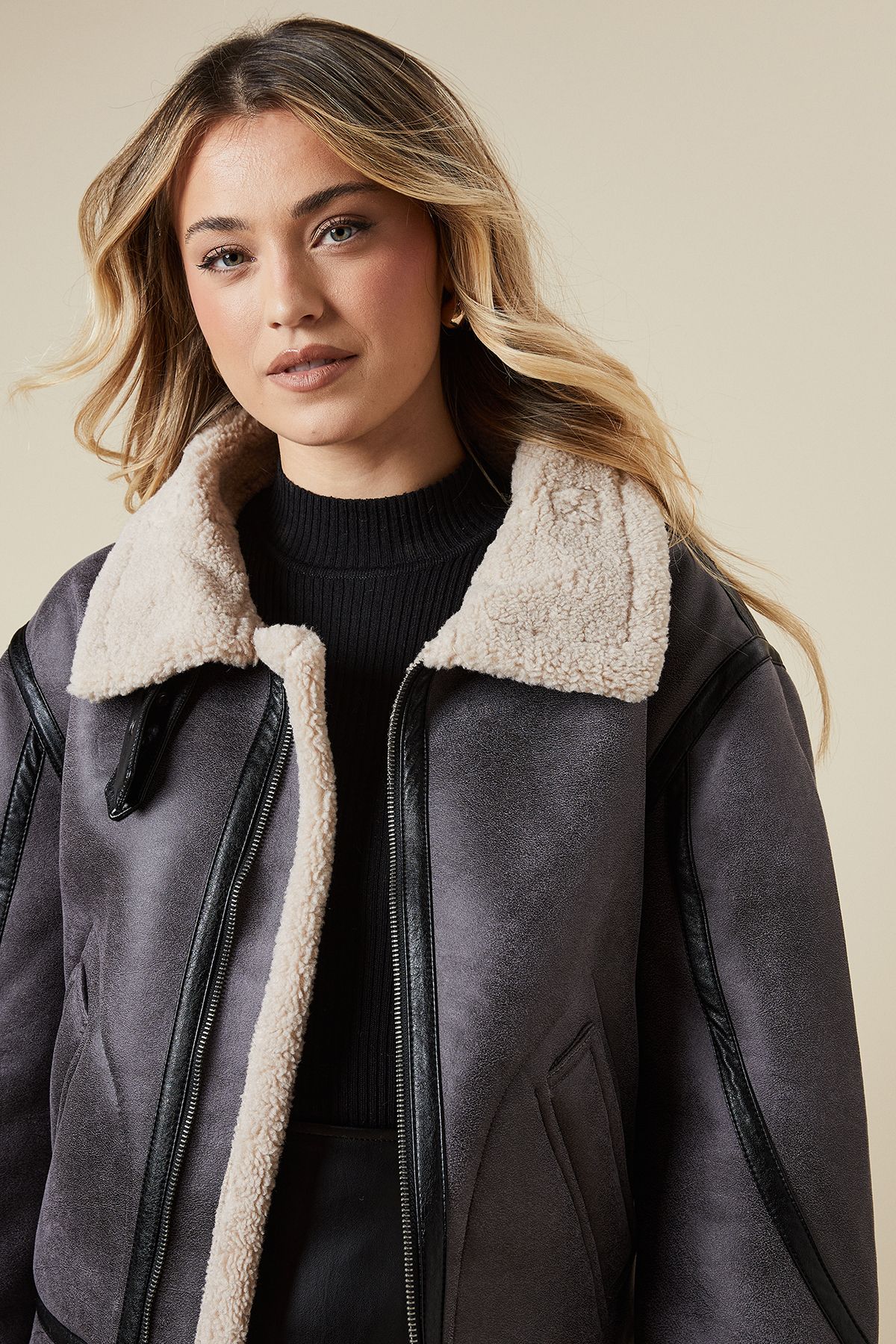 Oasis Faux Suede Borg Detail Aviator Jacket Black image 4