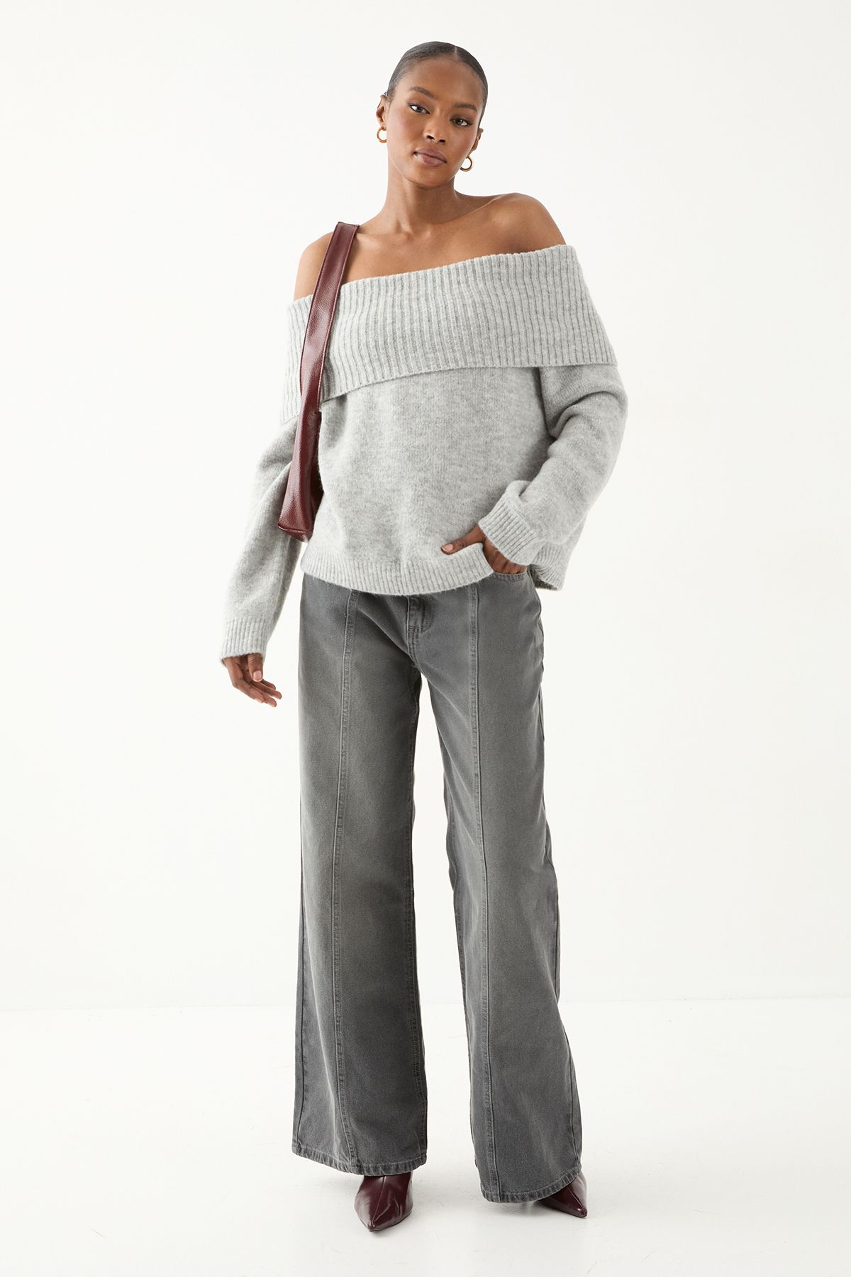 MissPap Premium Knit Bardot Foldover Jumper Grey image 1