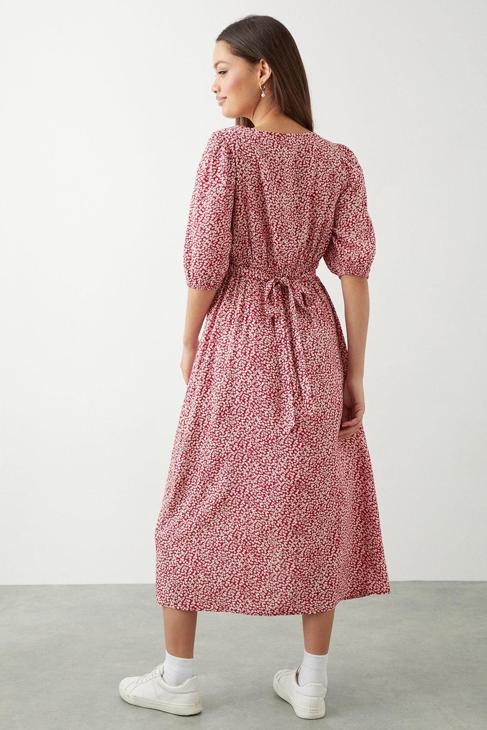 Dorothy Perkins Petite Red Ditsy Floral Button Through Midi Dress Red image 3