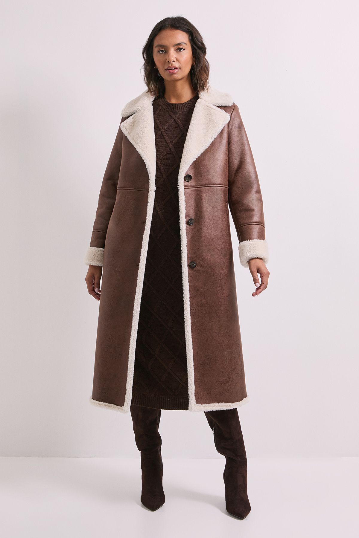 Dorothy Perkins Shearling Midi Coat Chestnut image 4