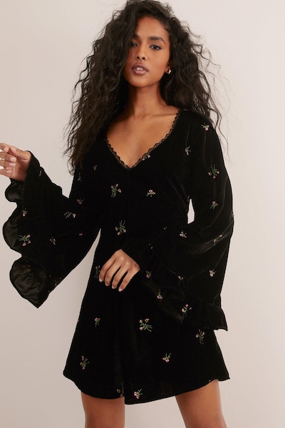 NastyGal Velvet Floral Embroidered Ruffle Lace Trim Mini Dress Black