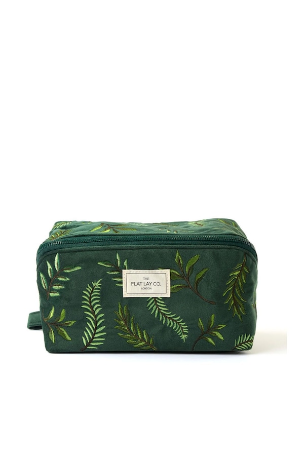 The Flat Lay Co Makeup Box Bag - Green Leaves Embroidered Velvet Multi