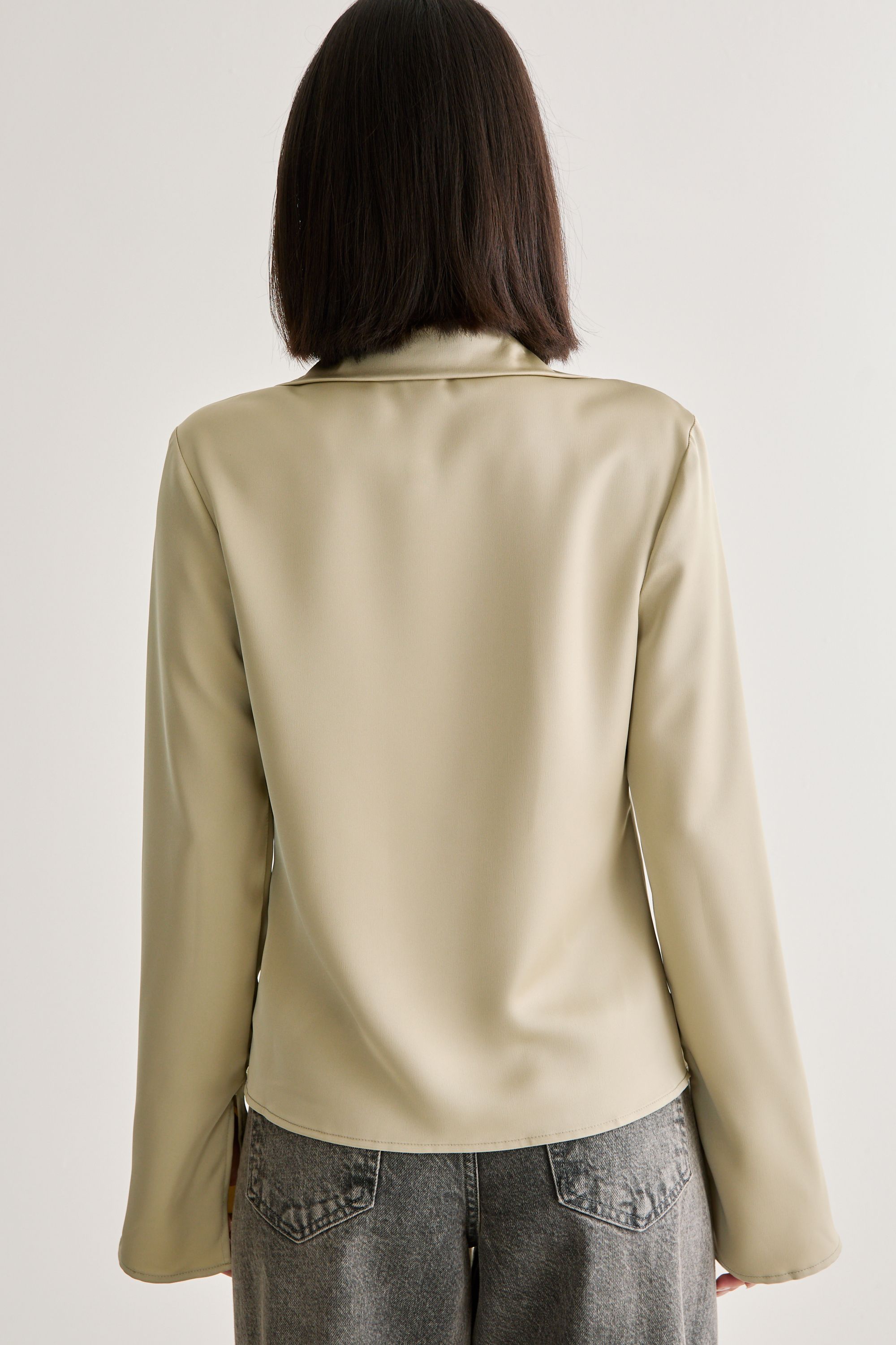 NastyGal Satin Collar Tie Front Long Sleeve Shirt Olive image 4