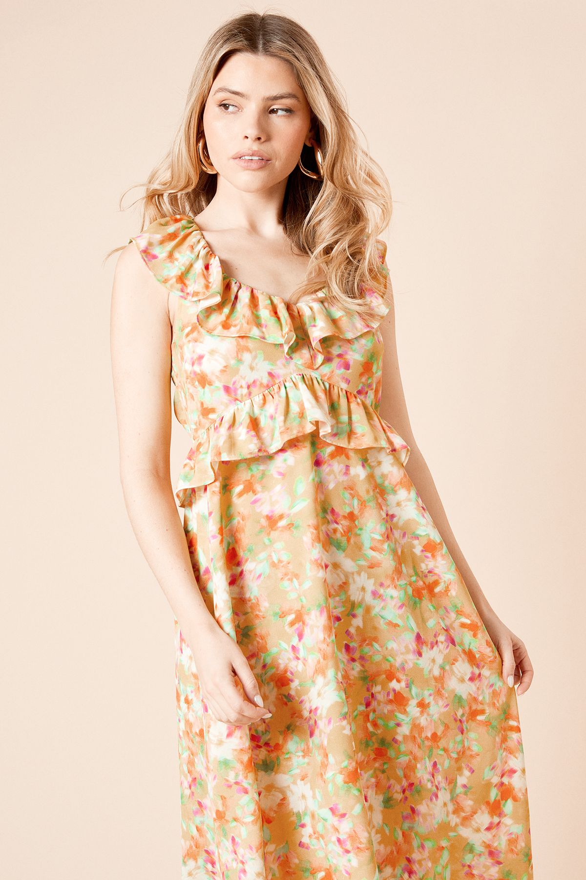 Dorothy Perkins Floral Frill Neckline Tie Back Midi Dress Floral image 2