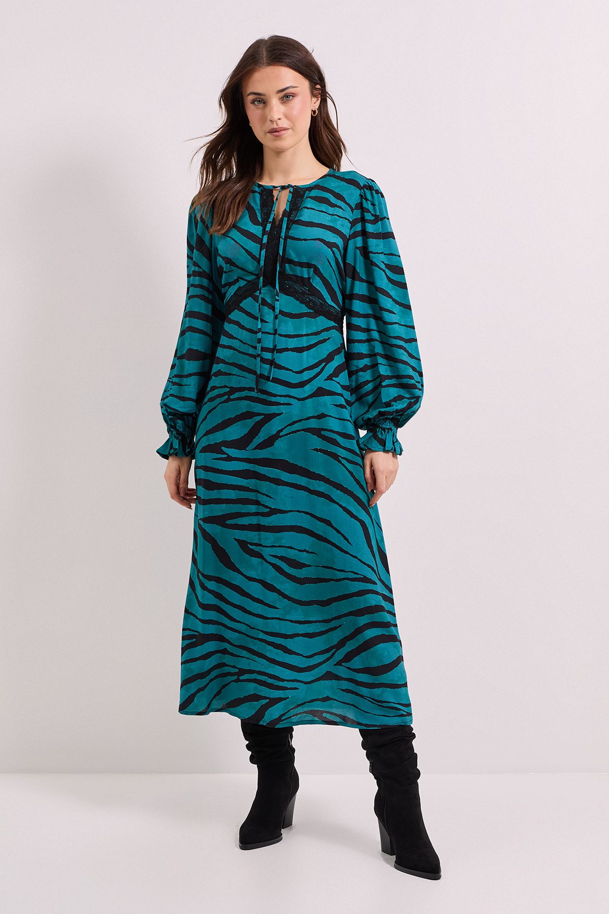 Dorothy Perkins Teal Zebra Lace Detail Tie Neck Printed Midi Dress Teal image 1