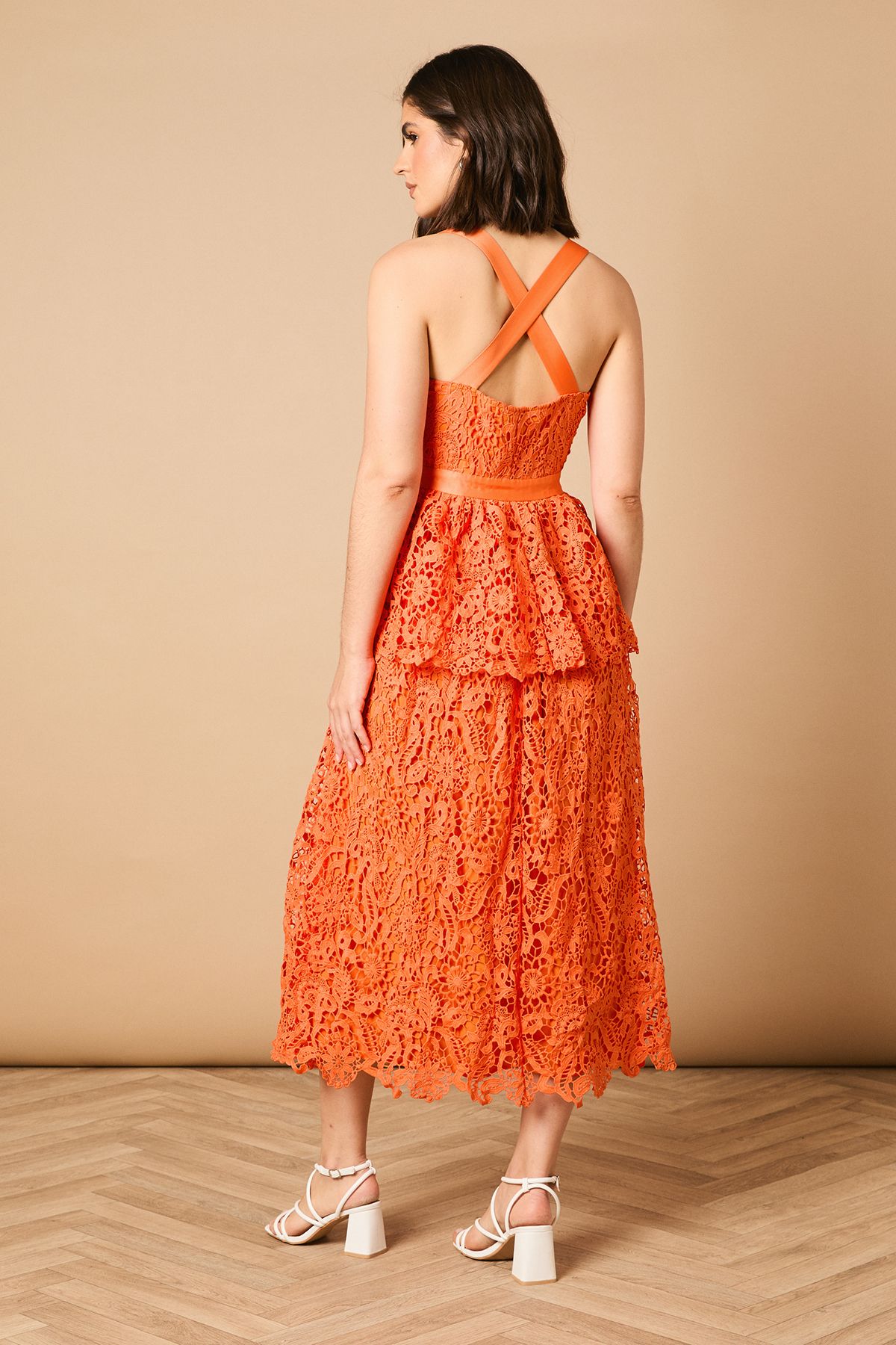 Oasis Cross Strap Tiered Lace Midi Dress Orange image 4