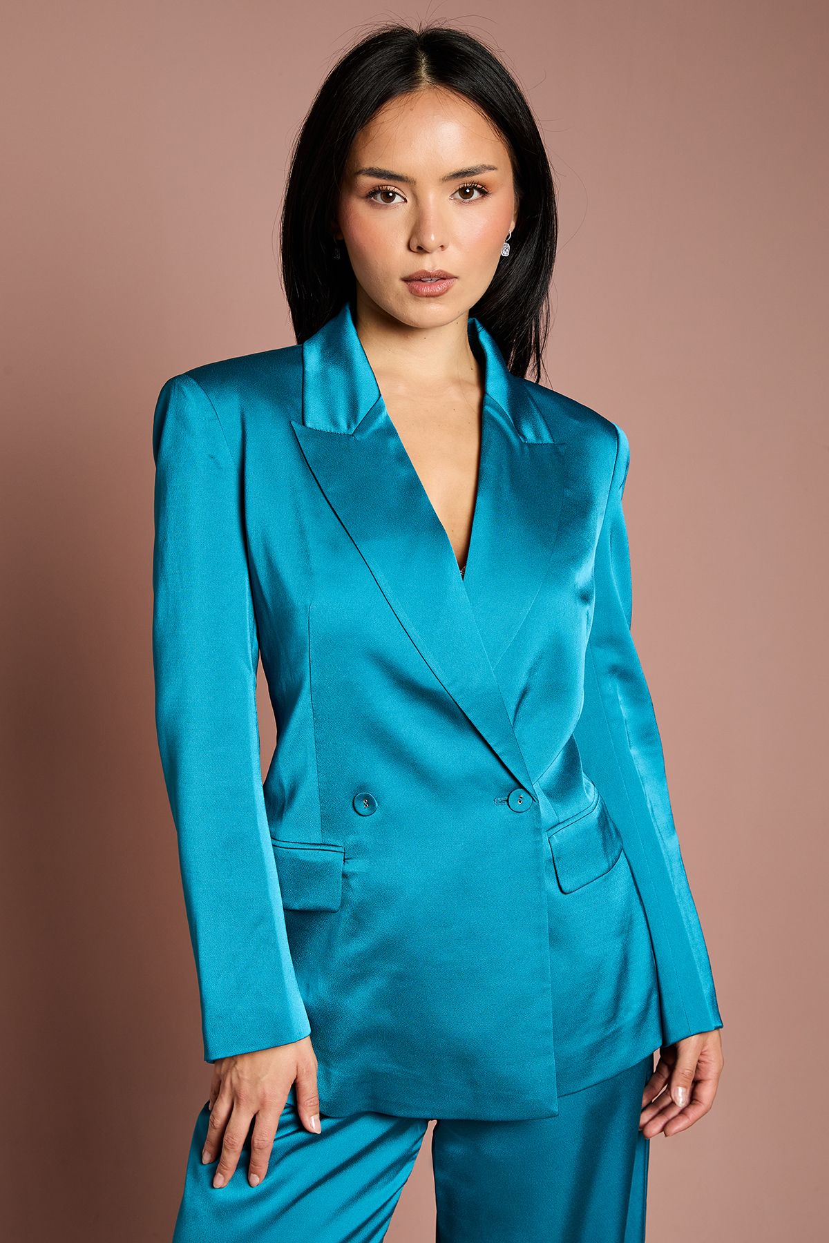 Coast Petite Satin Double Breasted Blazer Teal
