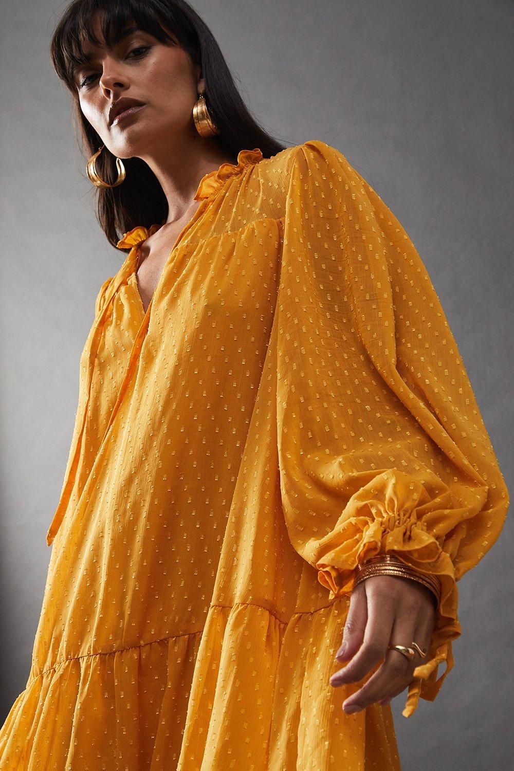 Warehouse Dobby Chiffon Tie Neck Drop Hem Mini Smock Dress Yellow image 4