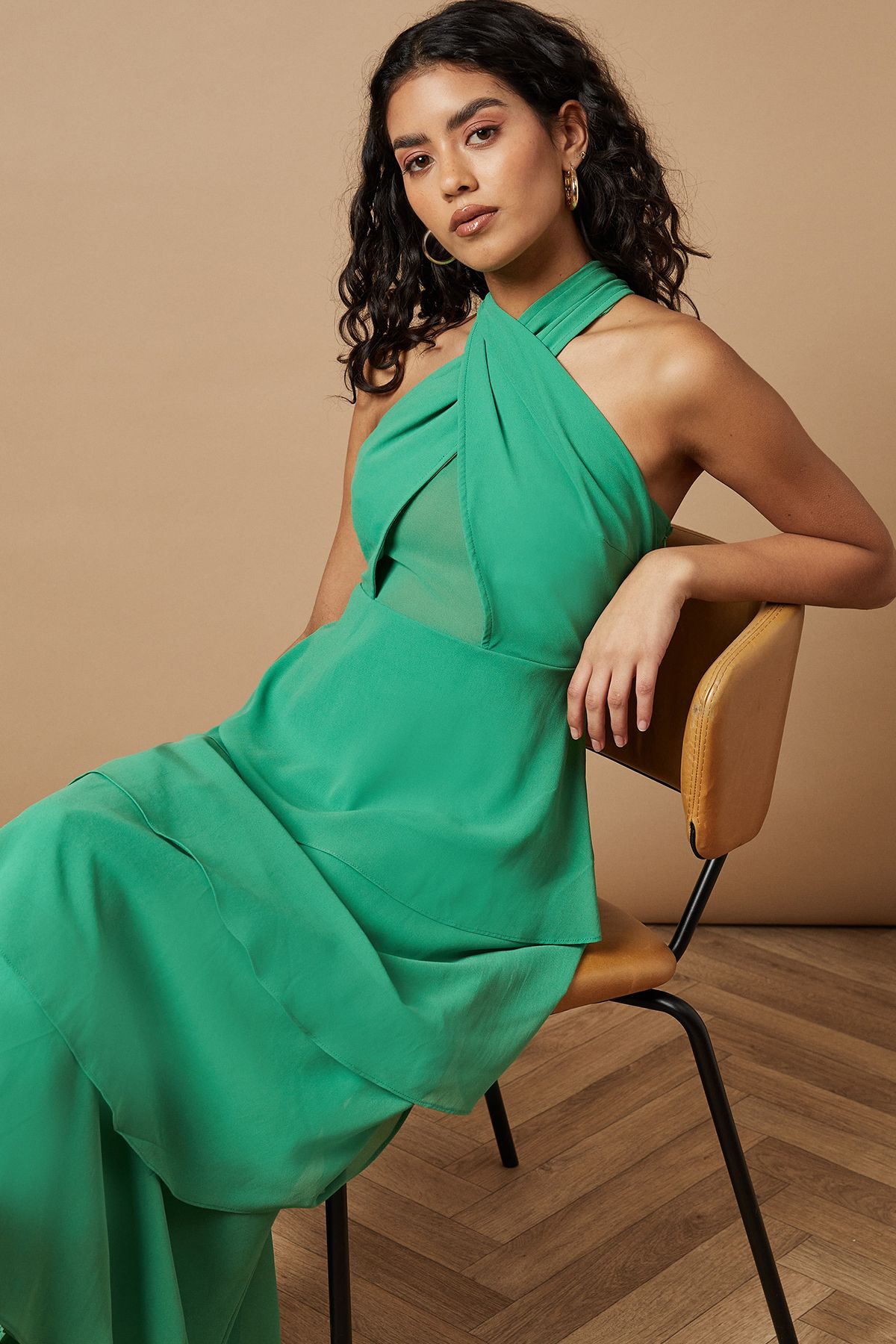 Oasis Petite Halter Neck Cutout Tiered Maxi Dress Green image 2