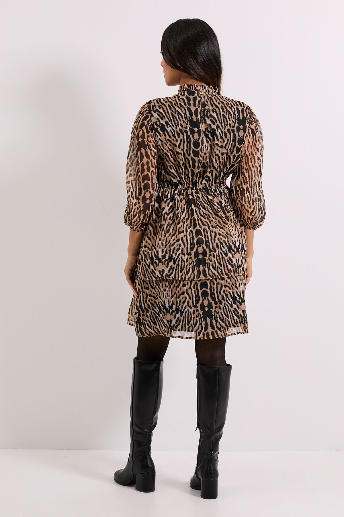 Dorothy Perkins Petite Leopard Frill Neck Tiered Skirt Printed Mini Dress Leopard image 3