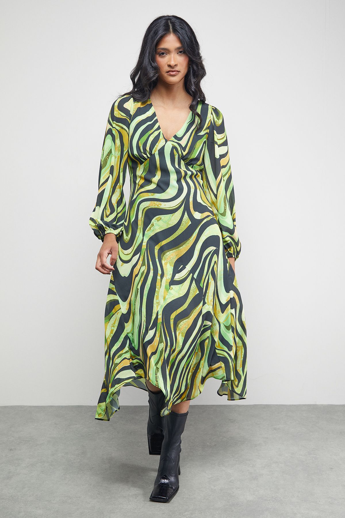 Warehouse Tony Chiffon Plunge Neck Asymmetric Hem Midi Dress Zebra image 2