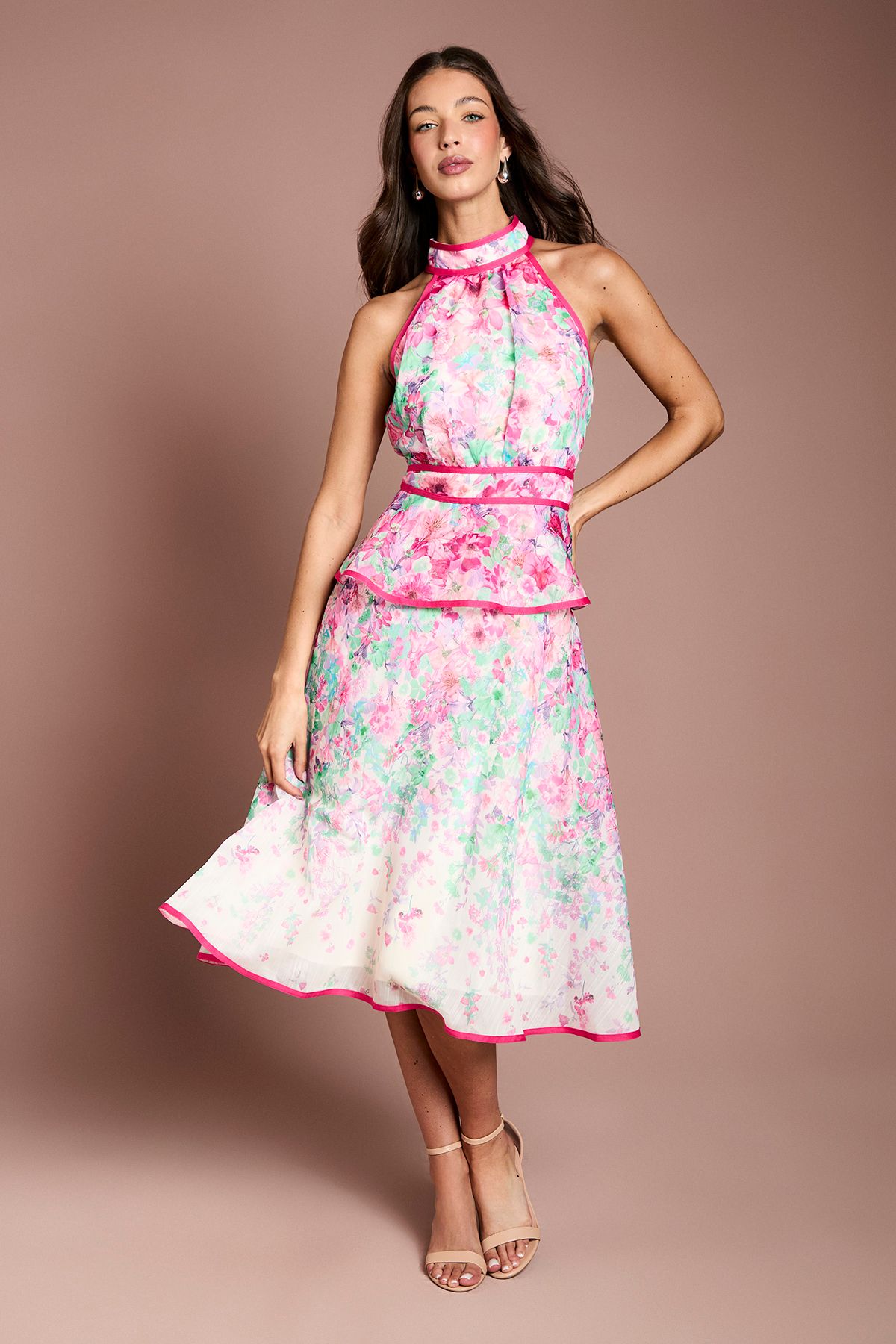 Coast Placement Print Organza Halter Neck Midi Dress Pink image 1