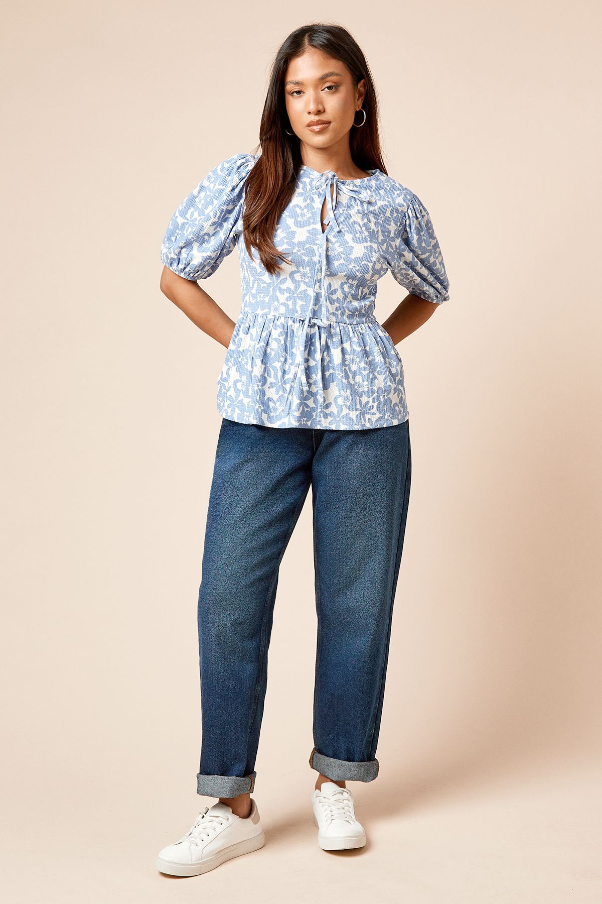 Dorothy Perkins Petite Floral Bow Tie Front Puff Sleeve Jersey Top Blue image 2