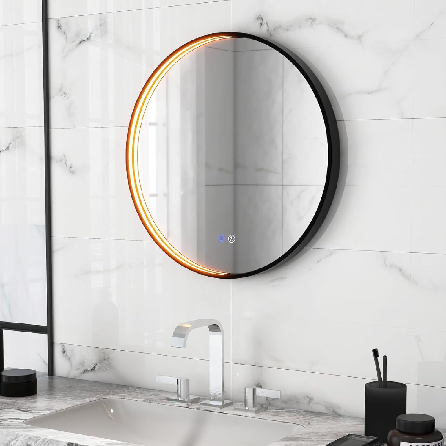 Gymax 60 CM Round Bathroom Mirror Vanity Mirror With 3-Color LED Lights image 1