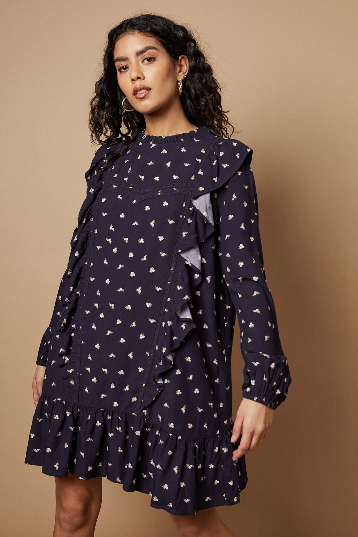 Oasis Petite Ditsy Printed Ruffle Lace Trim Mini Dress Navy image 1