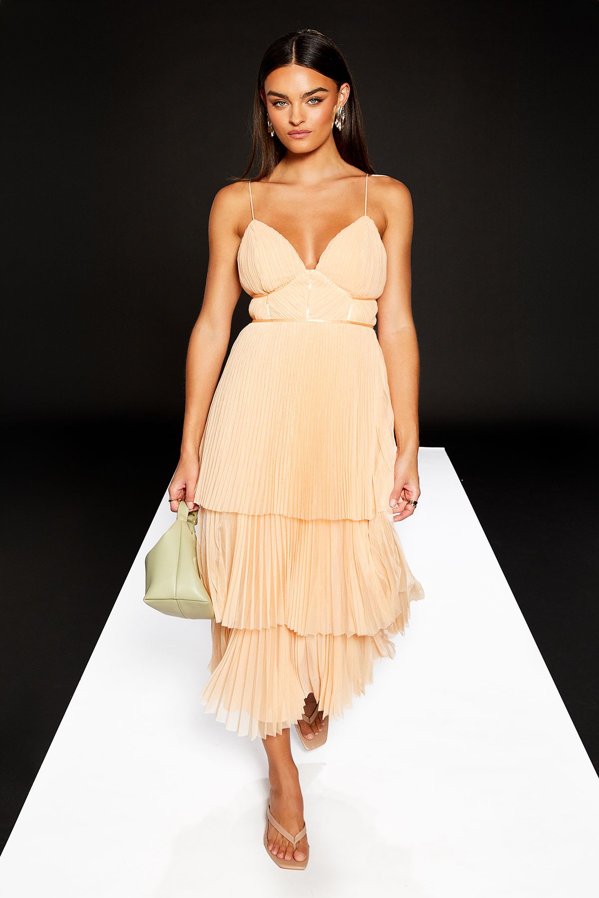 RUNWAY 1.8.1.8 Runway 1.8.1.8 Pleated Bodice Strappy Tiered Dress Peach image 2