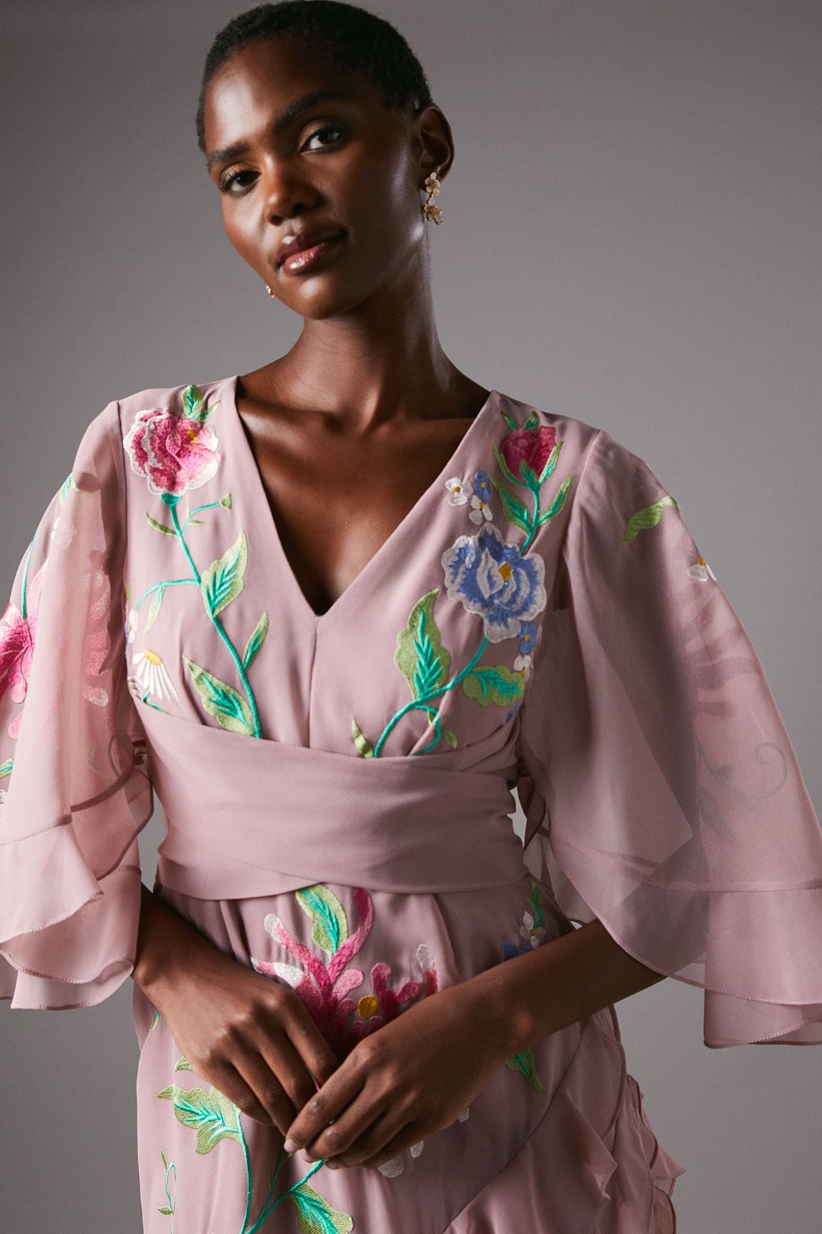 Coast Embroidered Midi Dress With Ruffles Nude image 3