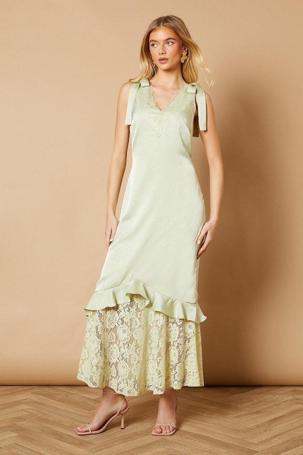 Oasis Satin Lace Tie Shoulder Maxi Dress Pistachio