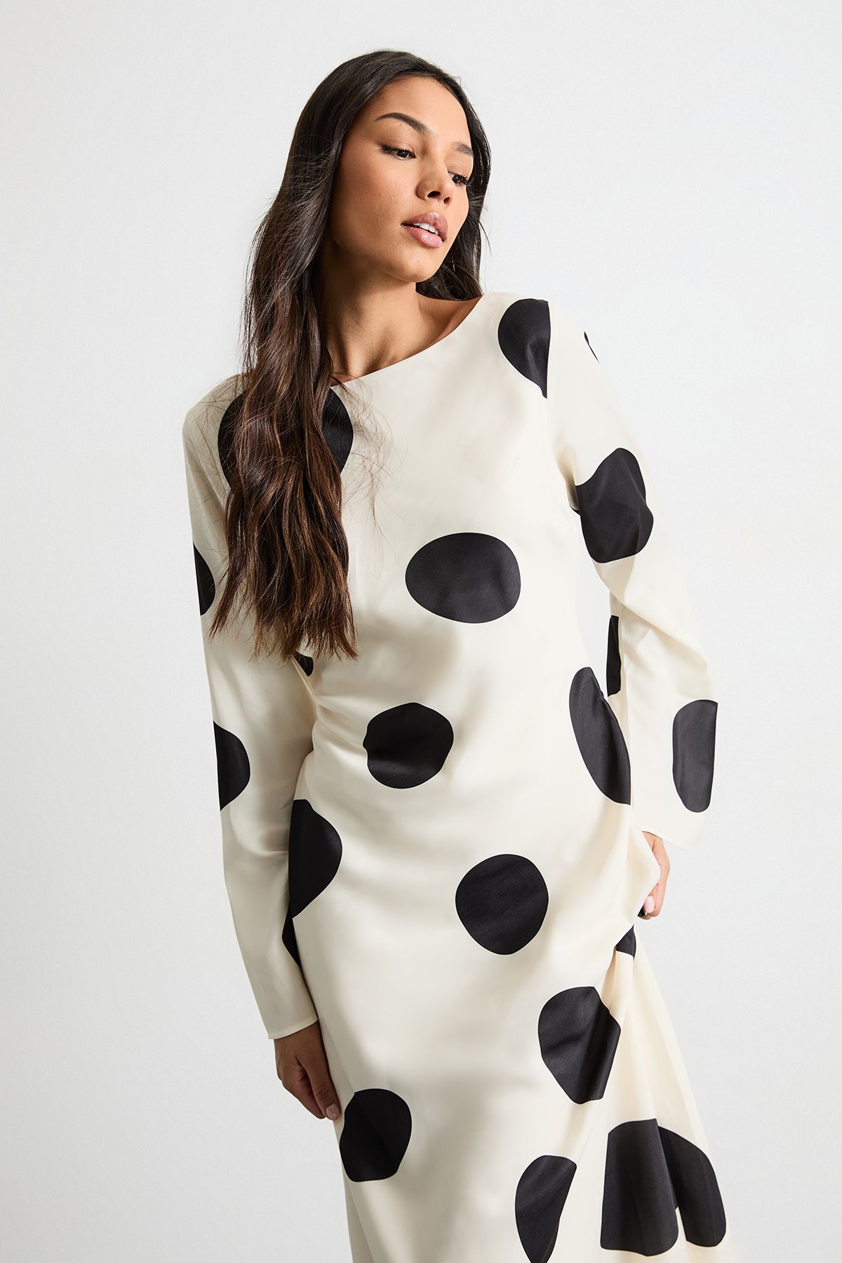 Warehouse Polka Dot Scoop Back Long Sleeve Maxi Dress Ivory image 2