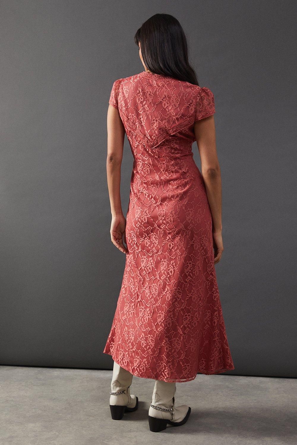 Warehouse Lace Cap Sleeve Bow Front Midi Tea Dress Rose image 3
