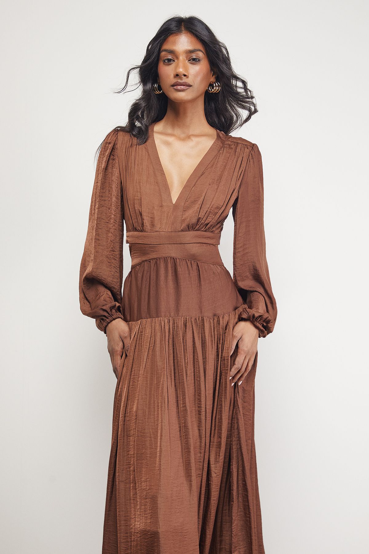 Warehouse Premium Satin Open Back Maxi Dress Chocolate image 2