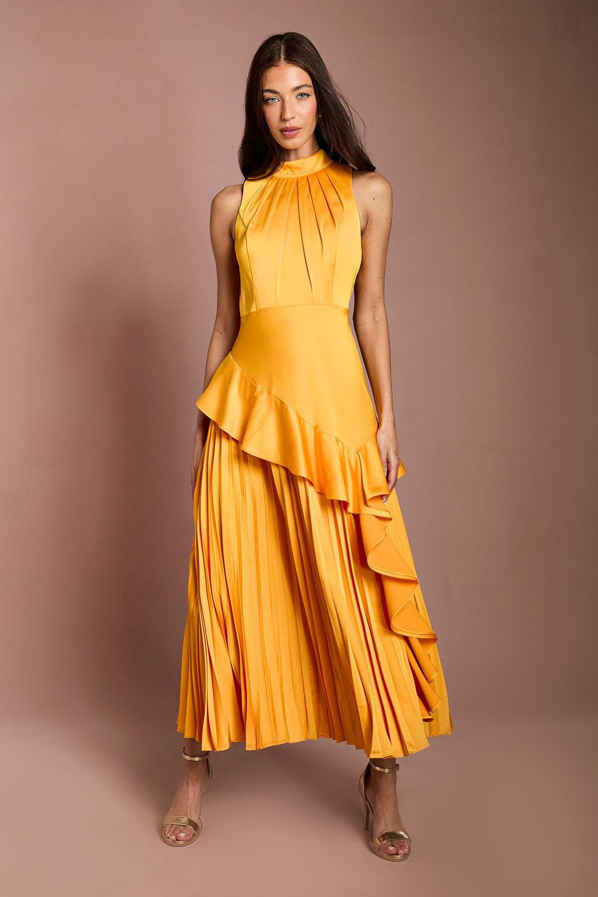 Coast Sleeveless Ruffle Pleat Satin Back Crepe Dress Orange