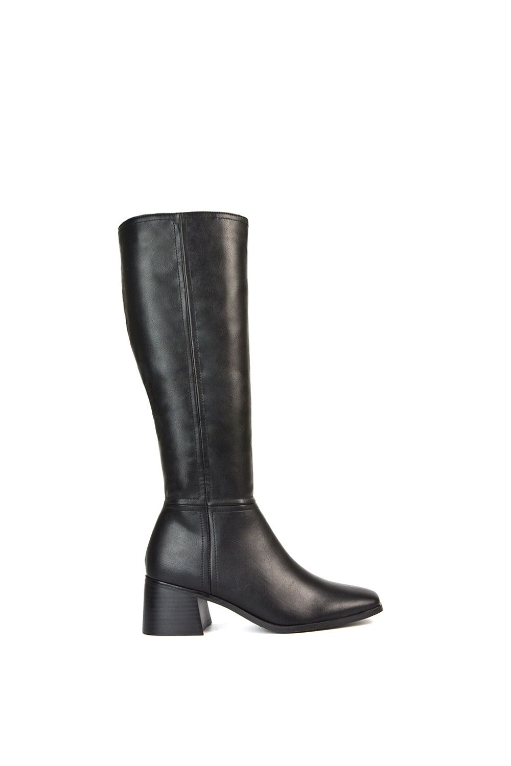 XY London 'Ruby' Square Toe Zip Up Knee High Calf Boots With Low Heel