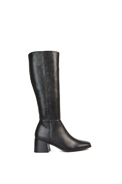 XY London 'Ruby' Square Toe Zip Up Knee High Calf Boots With Low Heel