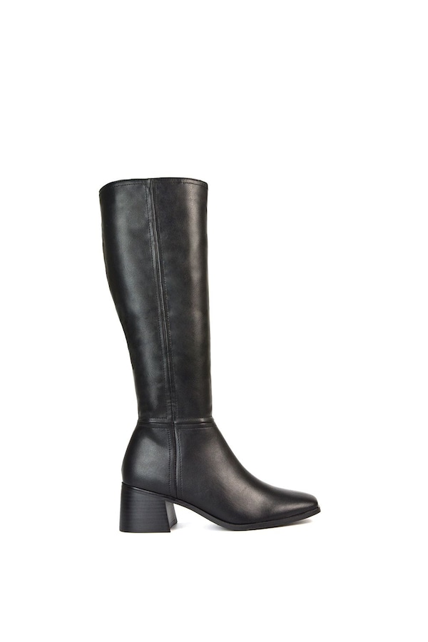 XY London 'Ruby' Square Toe Zip Up Knee High Calf Boots With Low Heel