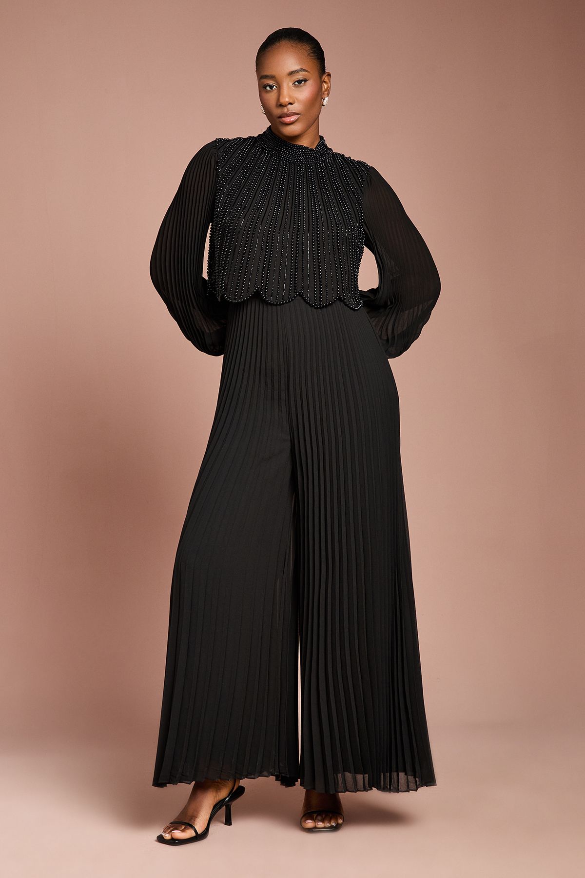 Coast Long Sleeve Pearl Embellished Pleated Jumpsuit Black