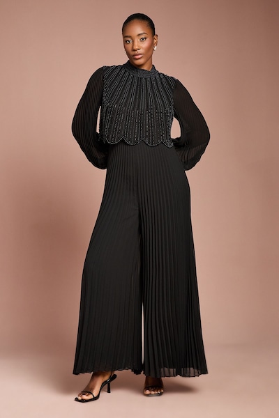 Coast Long Sleeve Pearl Embellished Pleated Jumpsuit Black