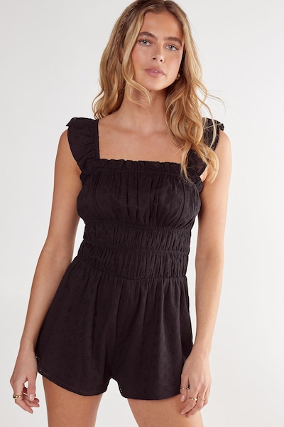 NastyGal Broderie Ruched Ruffle Romper Black
