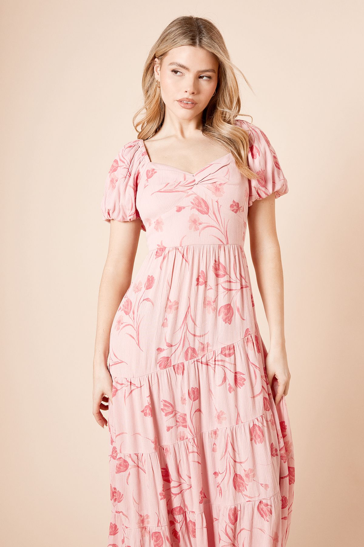 Dorothy Perkins Pink Tiered Puff Sleeve Twist Front Maxi Dress Pink image 2