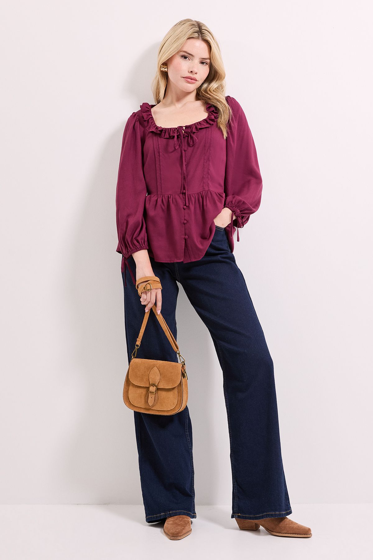 Dorothy Perkins Frill Neckline Button Down Top Plum image 4