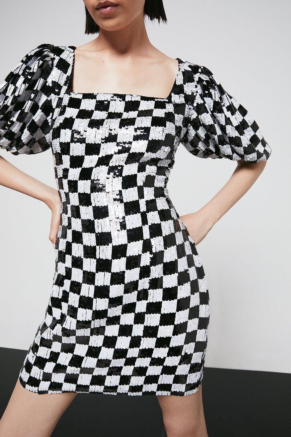 Warehouse Chequered Sequin Mini Dress Black image 1