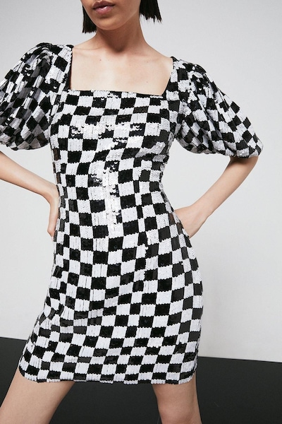 Warehouse Chequered Sequin Mini Dress Black