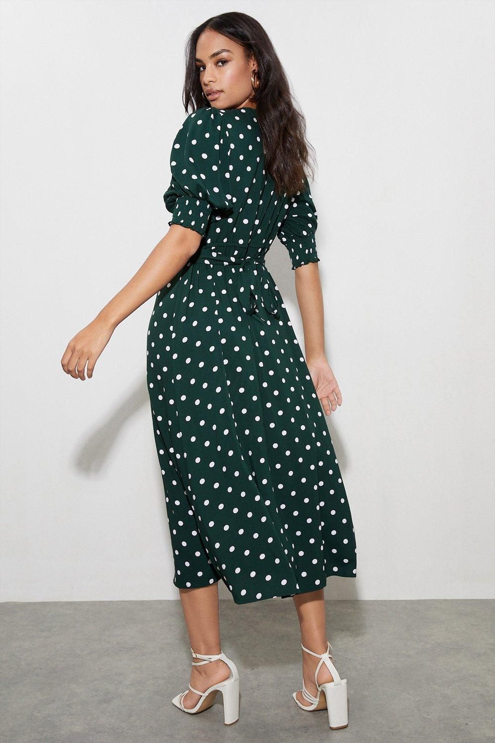 Dorothy Perkins Green Spot Shirred Cuff Midi Dress Green image 3