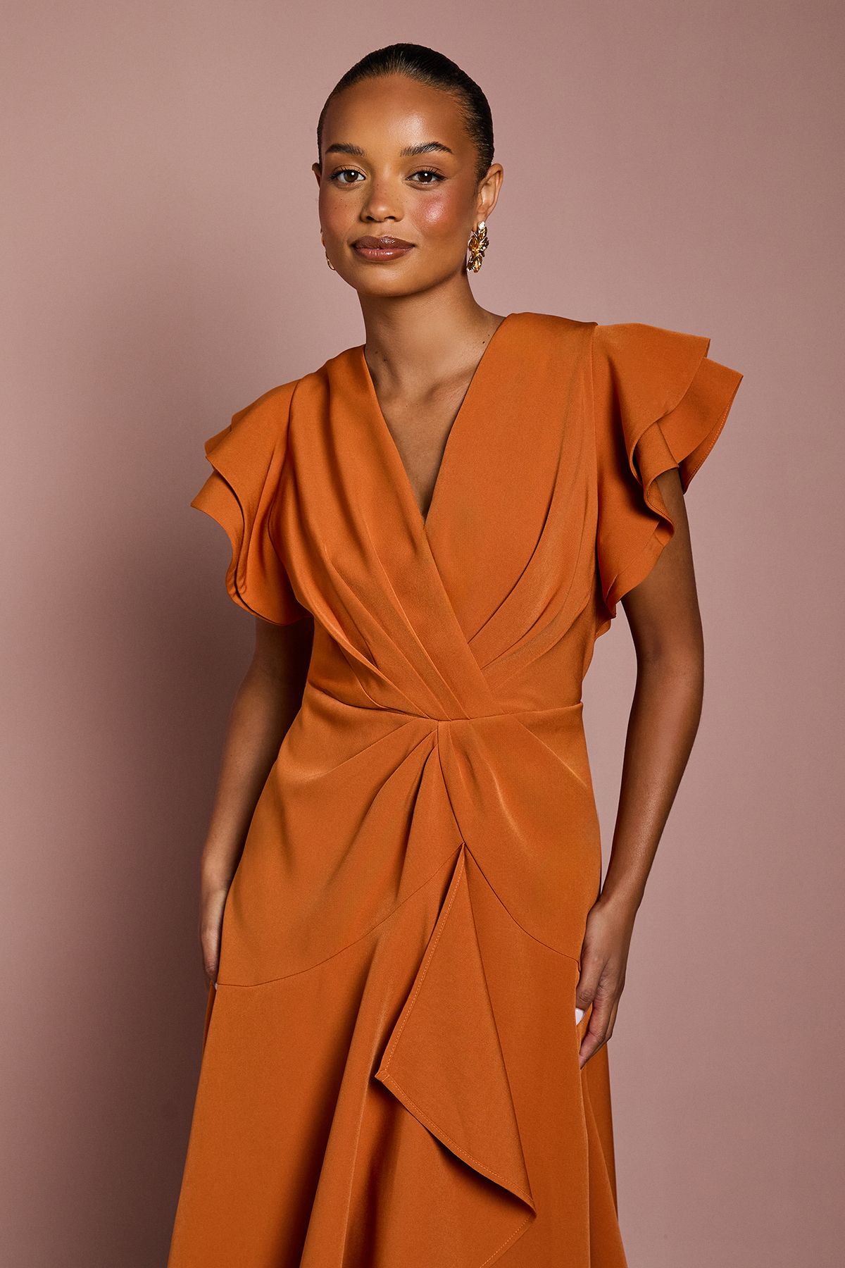 Coast Petite Short Sleeve V Neck Wrap Front Midi Dress Rust image 2