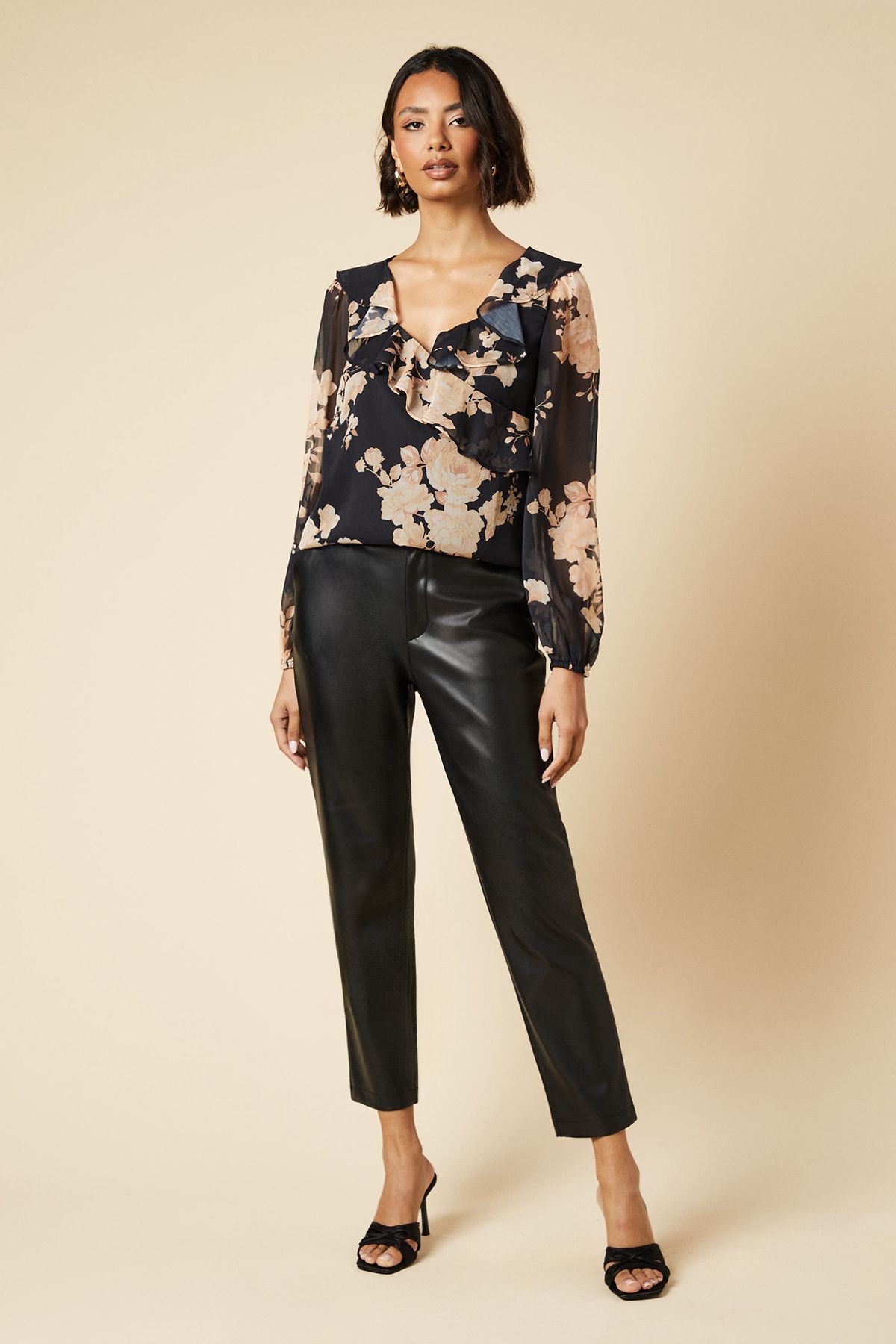 Dorothy Perkins Ochre Floral Chiffon Ruffle Neckline Long Sleeve Blouse Black image 2