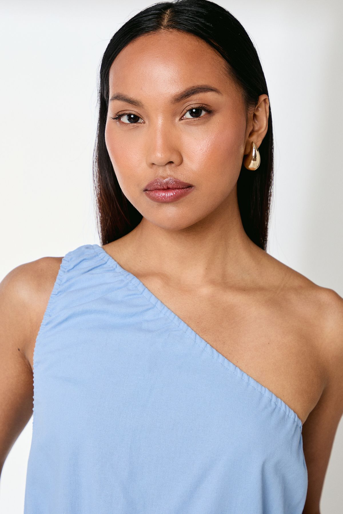 Principles One Shoulder Tiered Linen Mix Midaxi Dress Blue image 4