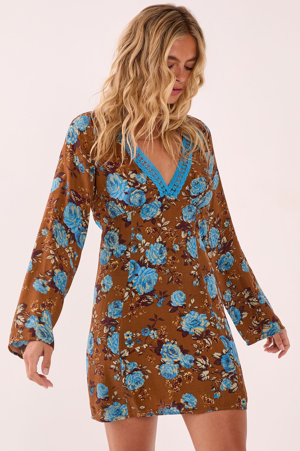 NastyGal Floral Lace Trim Cut Out Back Mini Dress Rust image 2