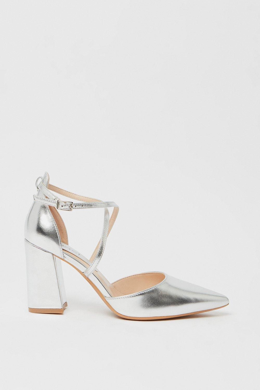 Coast Treat Faux Leather  Cross Strap Pointed Block Heel Court Shoes Silver image 2