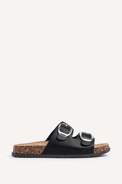 Linzi Tatum Black Double Buckle Slider Sandals